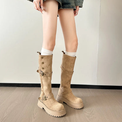 Retro Moto Faux Suede Chunky Mid-Calf Buckle Boots