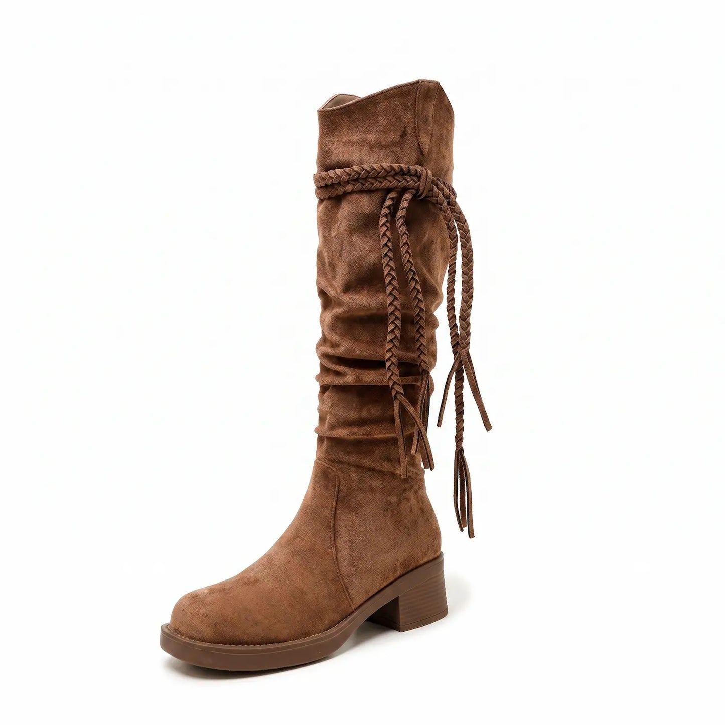 Boho Braided Fringe Slouchy Faux Suede Tall Boots