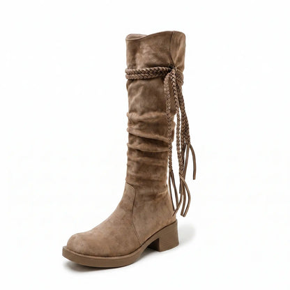 Boho Braided Fringe Slouchy Faux Suede Tall Boots