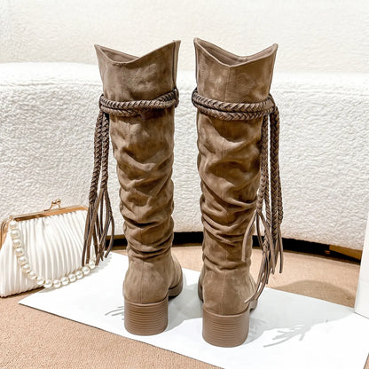 Boho Braided Fringe Slouchy Faux Suede Tall Boots