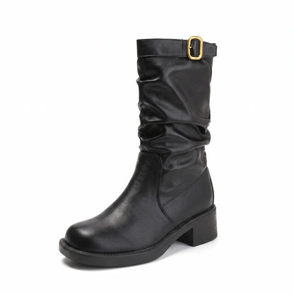 Genuine Leather Slouchy Square Toe Mid-Calf Boots