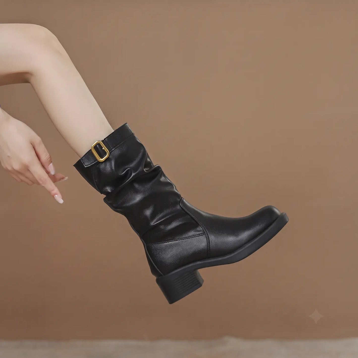 Genuine Leather Slouchy Square Toe Mid-Calf Boots