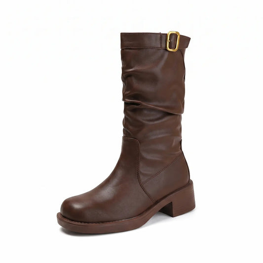 Genuine Leather Slouchy Square Toe Mid-Calf Boots
