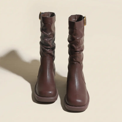 Genuine Leather Slouchy Square Toe Mid-Calf Boots