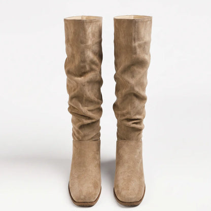 Vintage Slouchy Ruched Wide Calf Hidden Wedge Boots