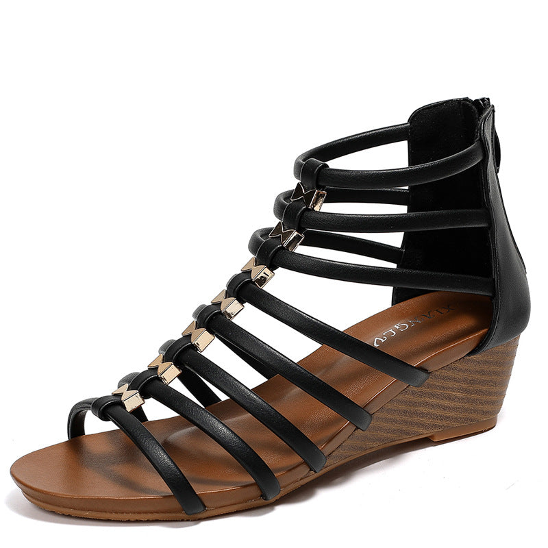 Strappy Caged Gladiator Wedge Sandals With Back Zipper