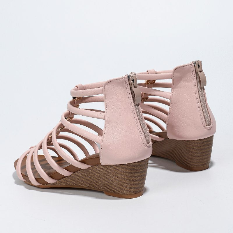 Strappy Caged Gladiator Wedge Sandals With Back Zipper