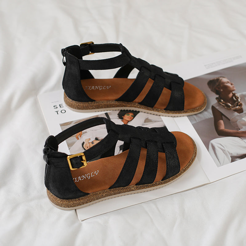 Retro Strappy Flat Caged Gladiator Sandals with Zip Back