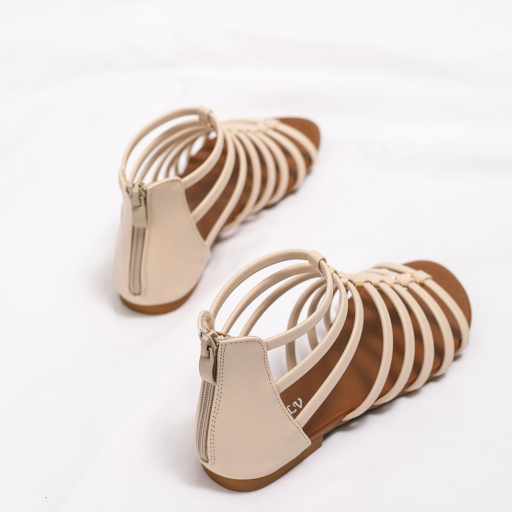 Retro Flat Caged Gladiator Sandals with Metal Bow Studs