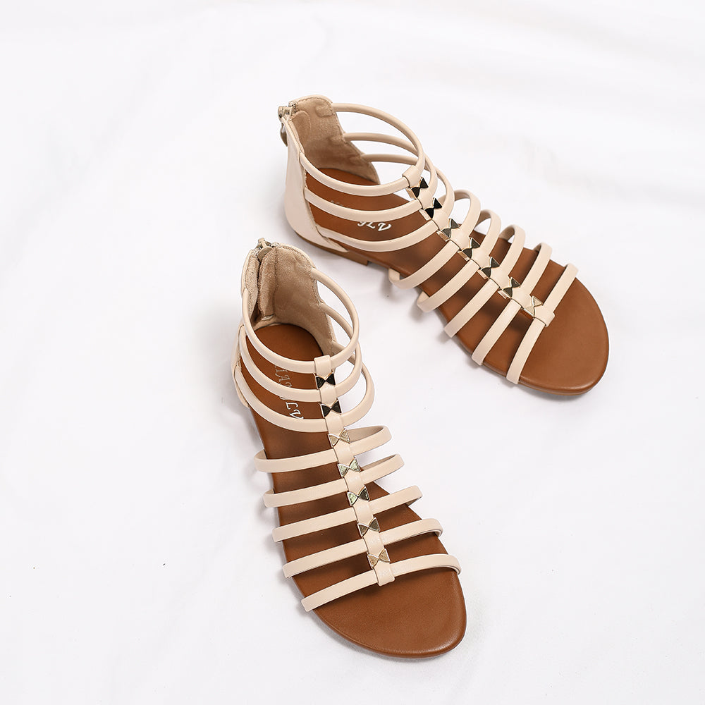 Retro Flat Caged Gladiator Sandals with Metal Bow Studs