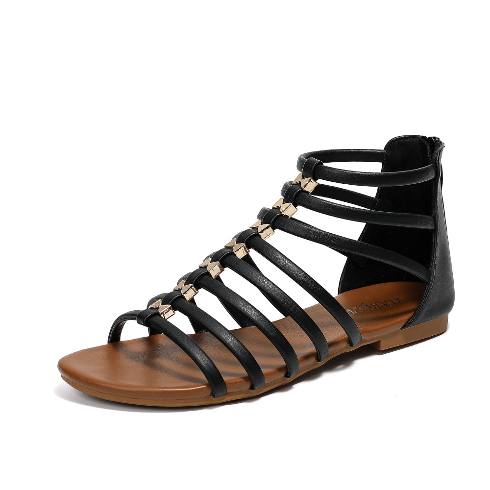 Retro Flat Caged Gladiator Sandals with Metal Bow Studs