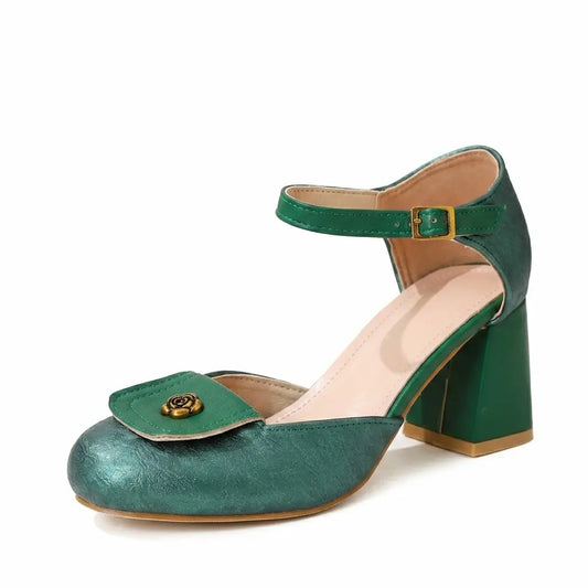 Vintage Green D'Orsay Ankle Strap Block Heel Pumps