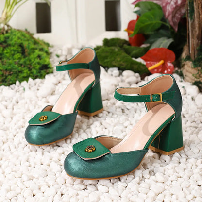 Vintage Green D'Orsay Ankle Strap Block Heel Pumps