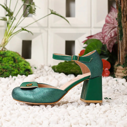 Vintage Green D'Orsay Ankle Strap Block Heel Pumps