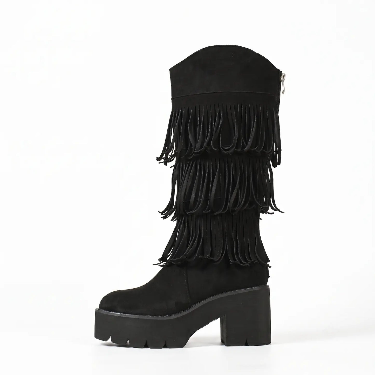 Boho Layered Fringe Platform Mid-Calf Boots