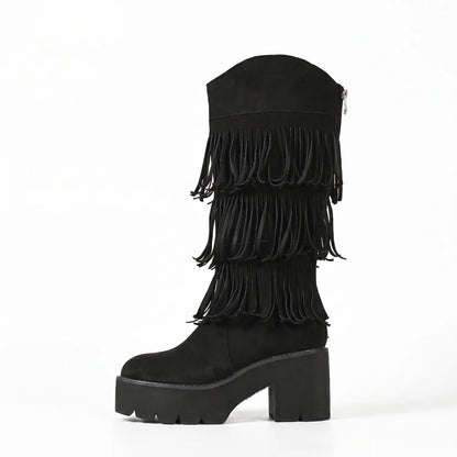 Boho Layered Fringe Platform Mid-Calf Boots