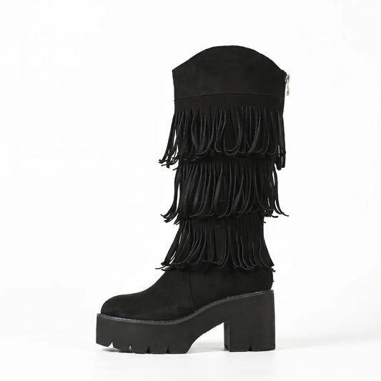 Boho Layered Fringe Platform Mid-Calf Boots