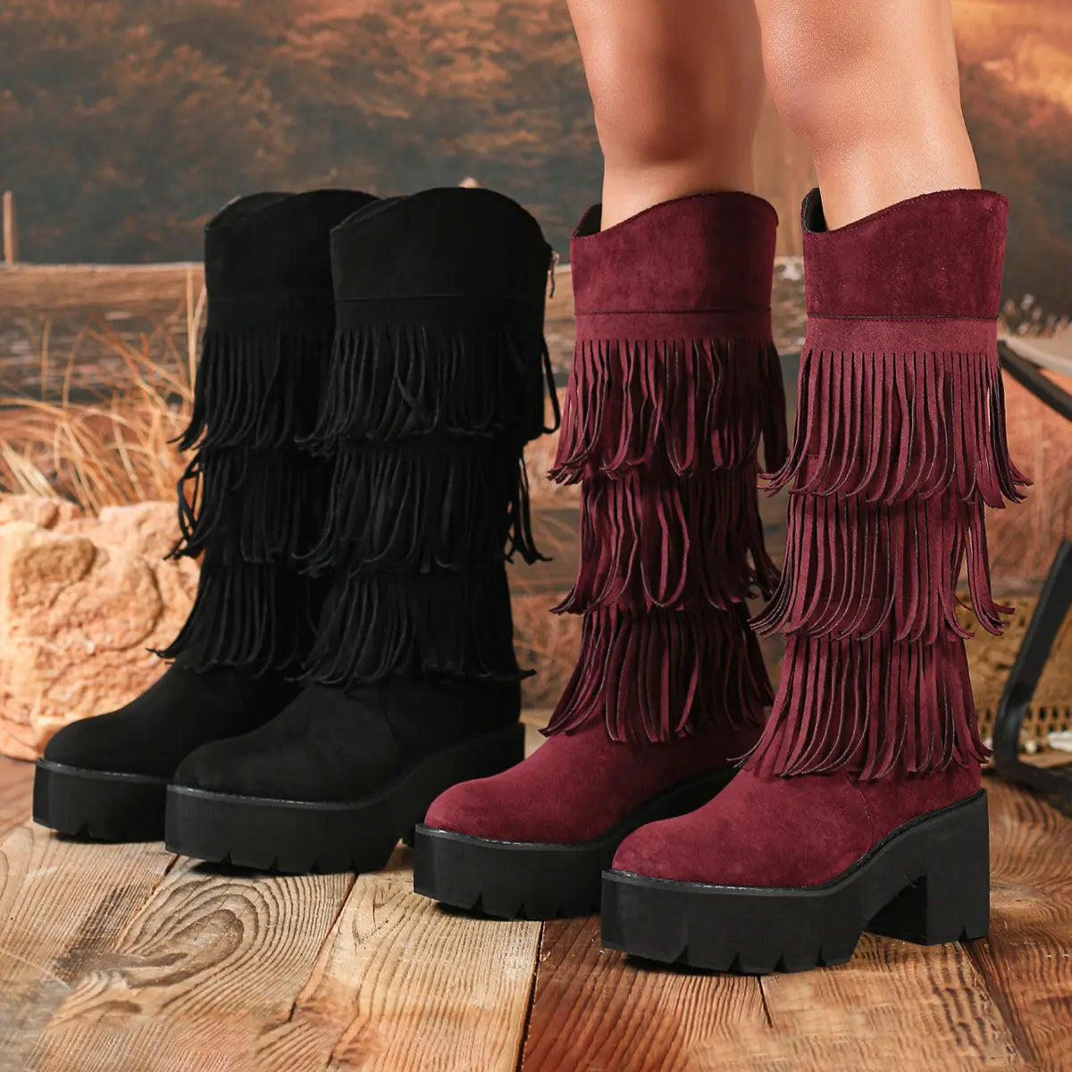 Boho Layered Fringe Platform Mid-Calf Boots