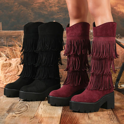 Boho Layered Fringe Platform Mid-Calf Boots