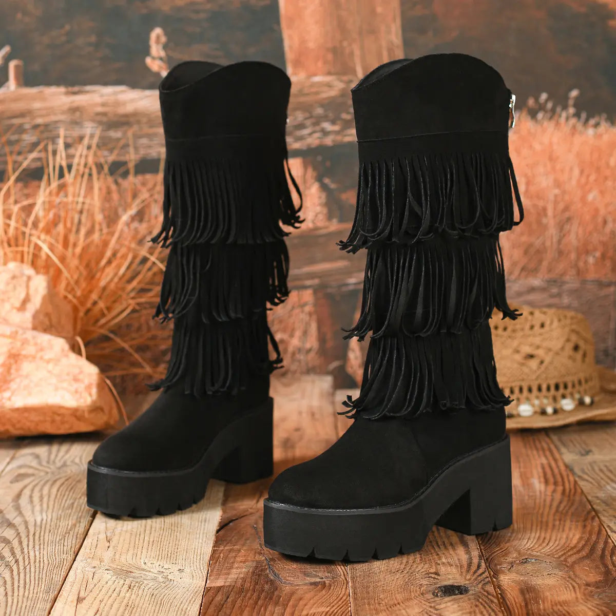 Boho Layered Fringe Platform Mid-Calf Boots