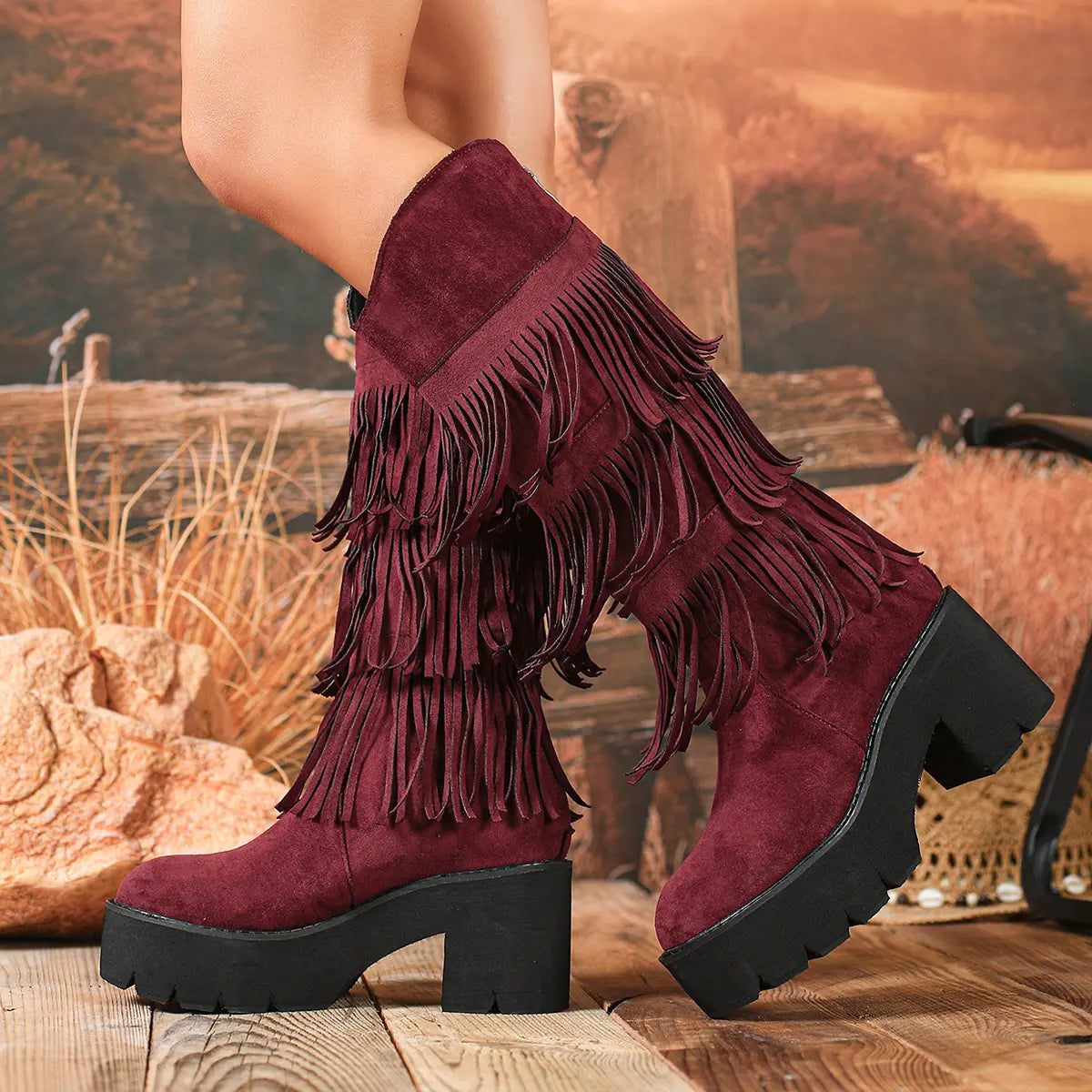 Boho Layered Fringe Platform Mid-Calf Boots