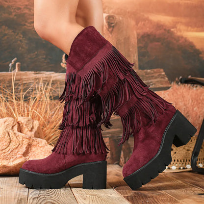 Boho Layered Fringe Platform Mid-Calf Boots