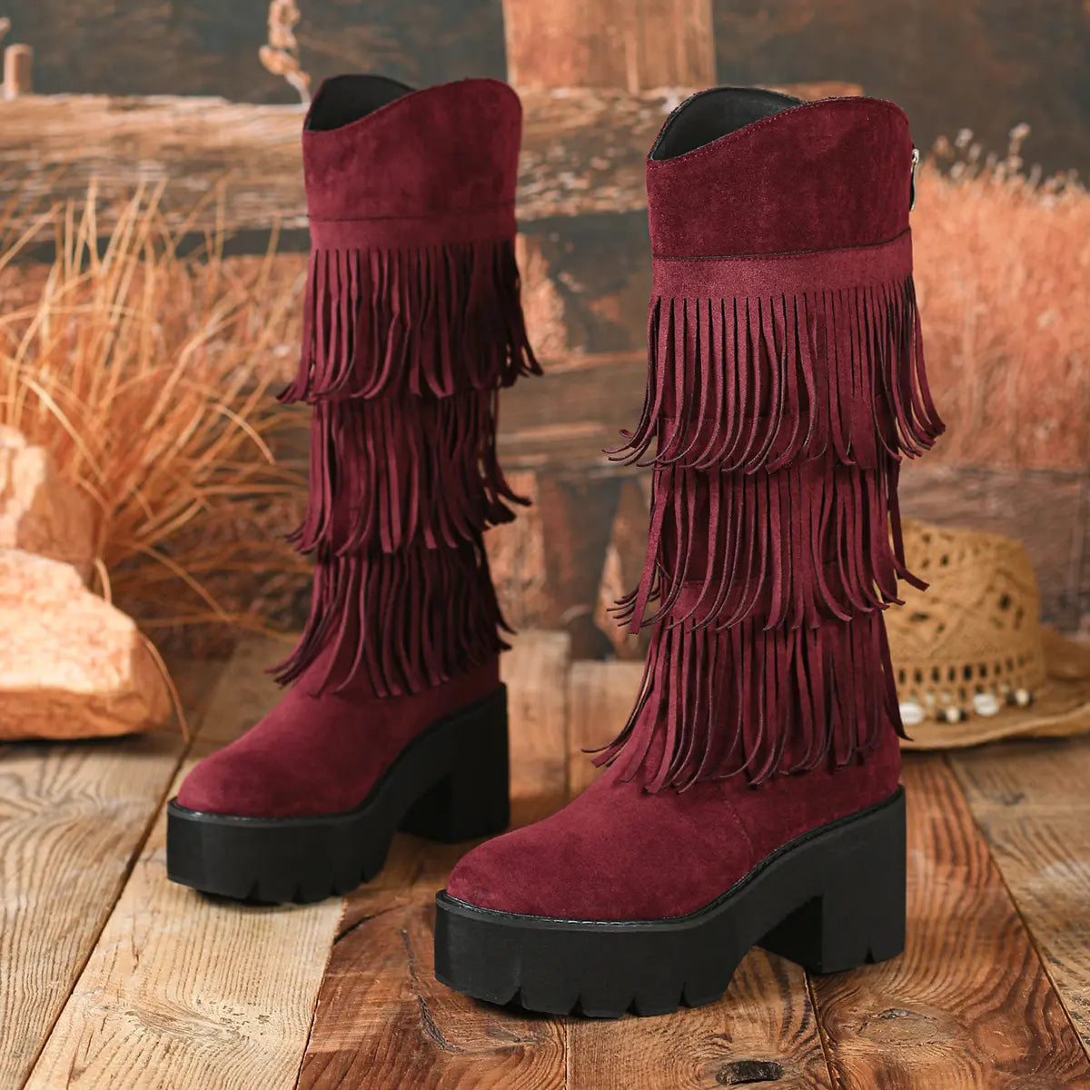 Boho Layered Fringe Platform Mid-Calf Boots