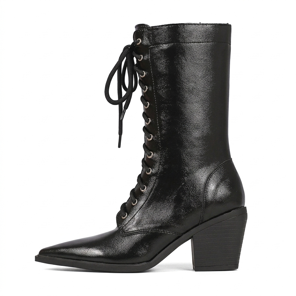 Victorian Lace-Up Pointed Toe Chunky Mid-Calf Boots