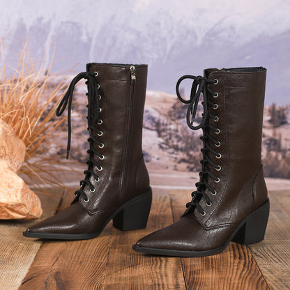 Victorian Lace-Up Pointed Toe Chunky Mid-Calf Boots