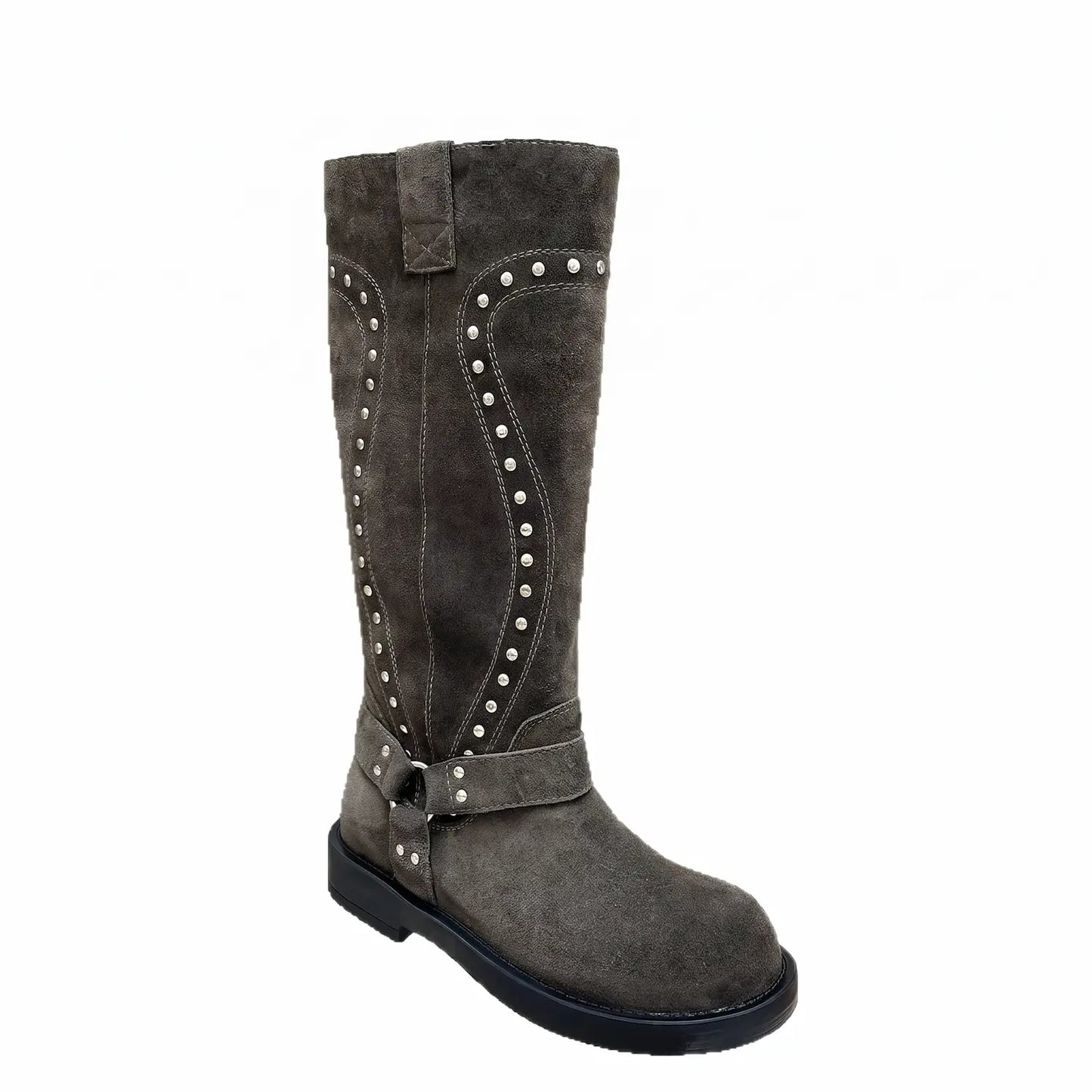 Vintage Studded Harness Knee-High Biker Boots