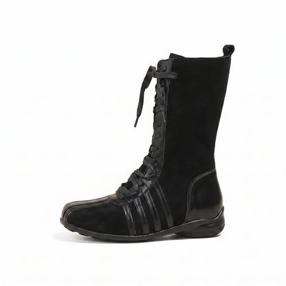 Y2K Spliced Lace-Up Mid-Calf Boxing Boots