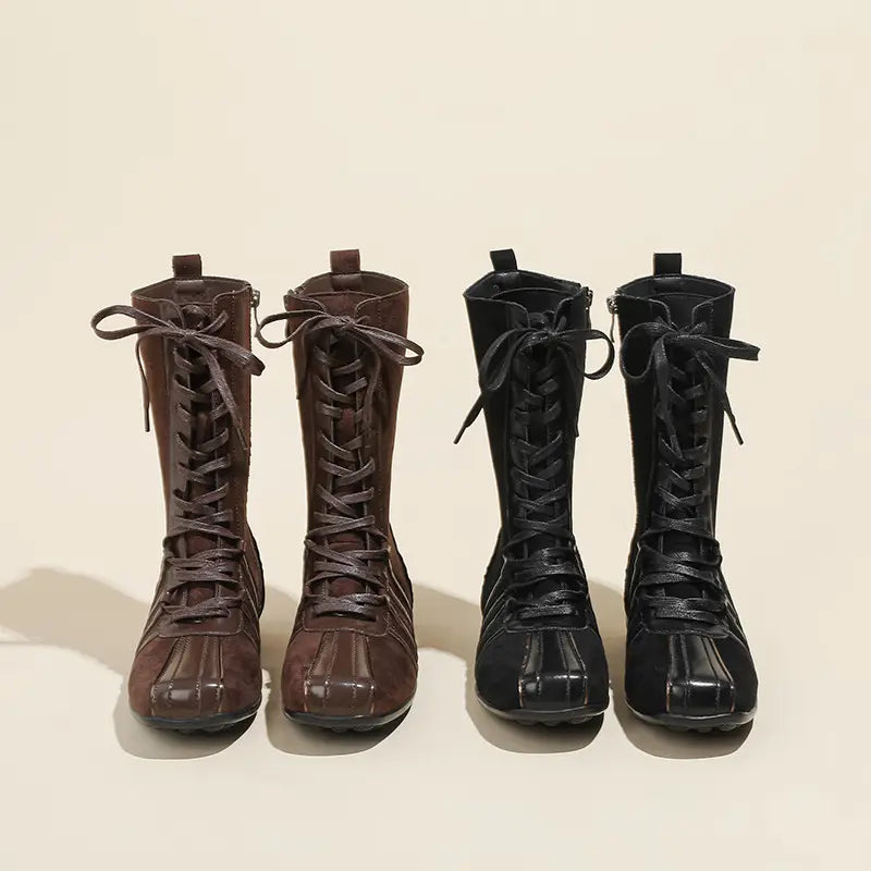 Y2K Spliced Lace-Up Mid-Calf Boxing Boots