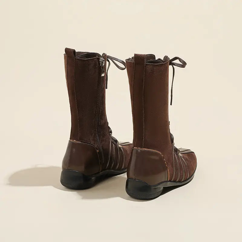 Y2K Spliced Lace-Up Mid-Calf Boxing Boots