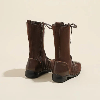 Y2K Spliced Lace-Up Mid-Calf Boxing Boots