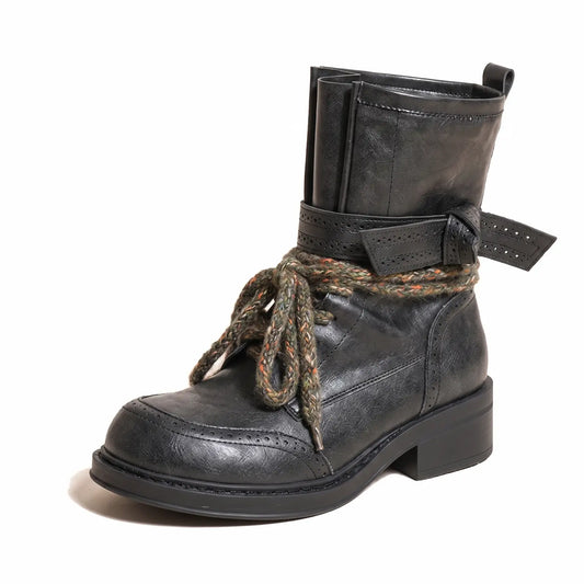 Vintage Boho Brogue Chunky Lace Block Heel Booties