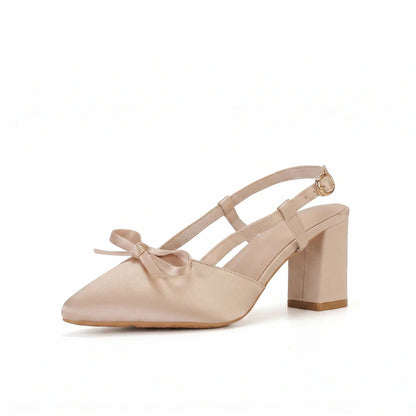 Vintage Satin Bow Block Heel Slingback Pumps