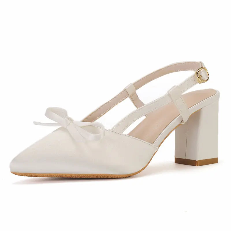 Vintage Satin Bow Block Heel Slingback Pumps