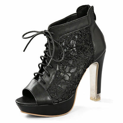 Floral Mesh Lace Up Peep Toe Platform Block Heel Booties