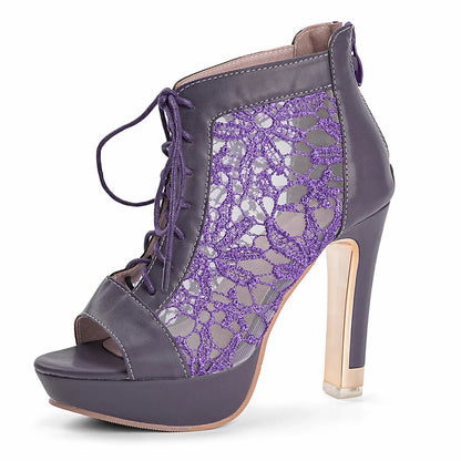 Floral Mesh Lace Up Peep Toe Platform Block Heel Booties