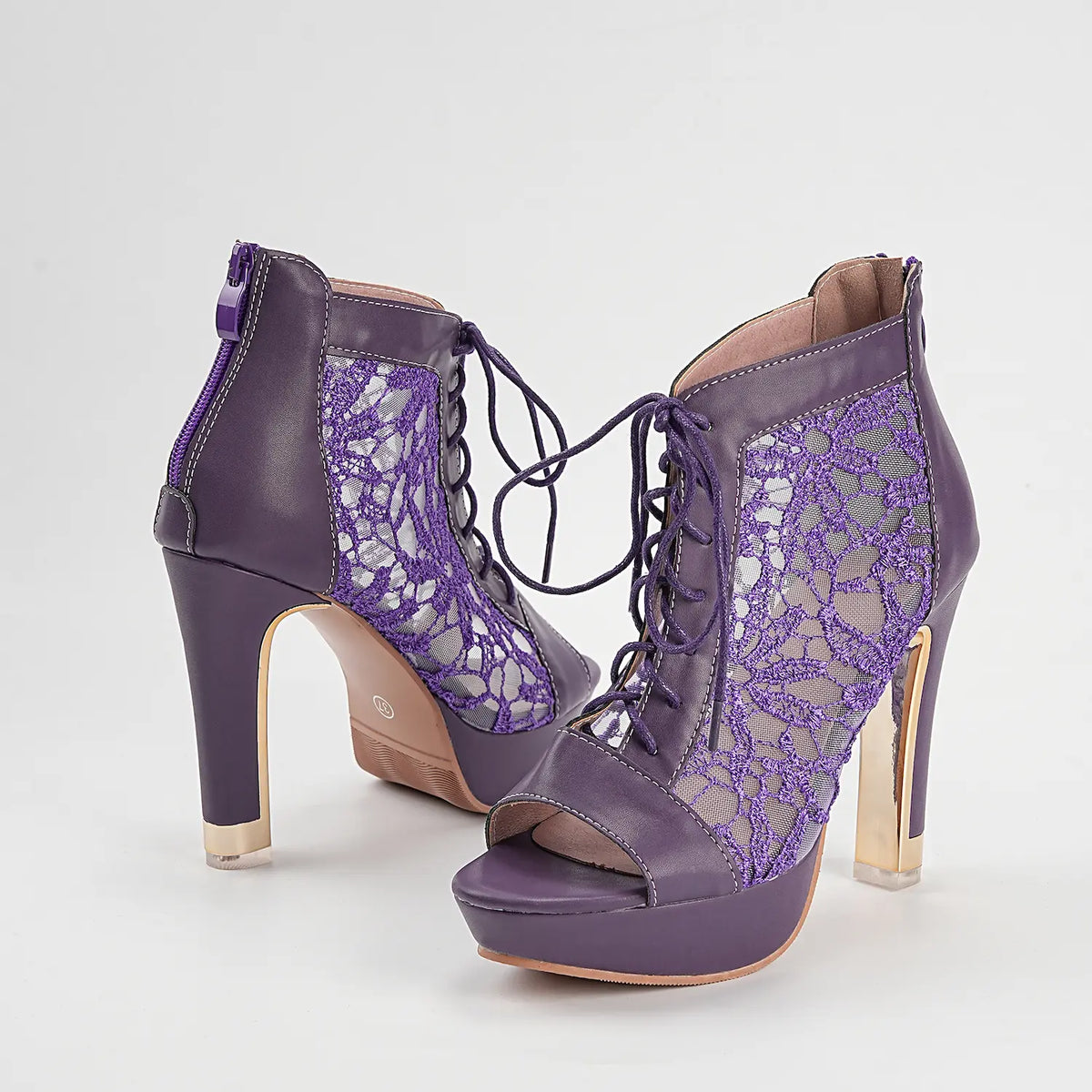 Floral Mesh Lace Up Peep Toe Platform Block Heel Booties