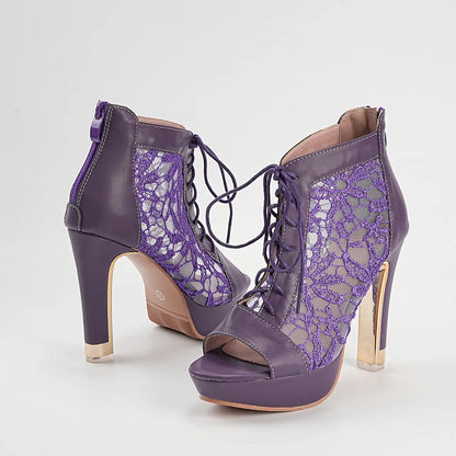 Floral Mesh Lace Up Peep Toe Platform Block Heel Booties