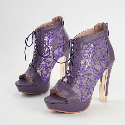 Floral Mesh Lace Up Peep Toe Platform Block Heel Booties