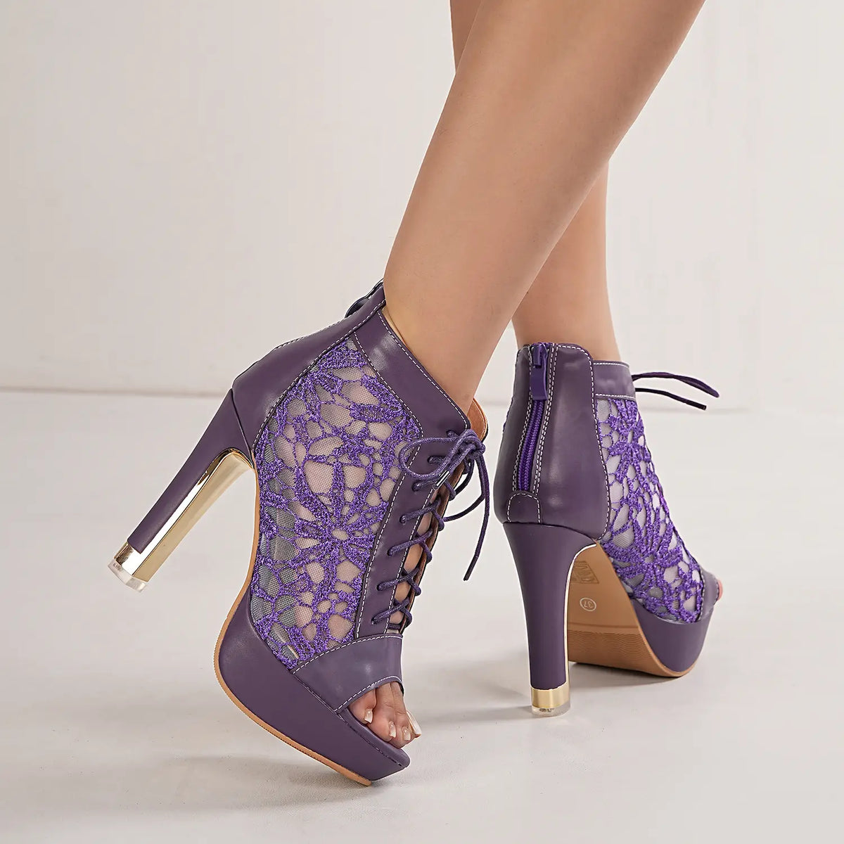 Floral Mesh Lace Up Peep Toe Platform Block Heel Booties