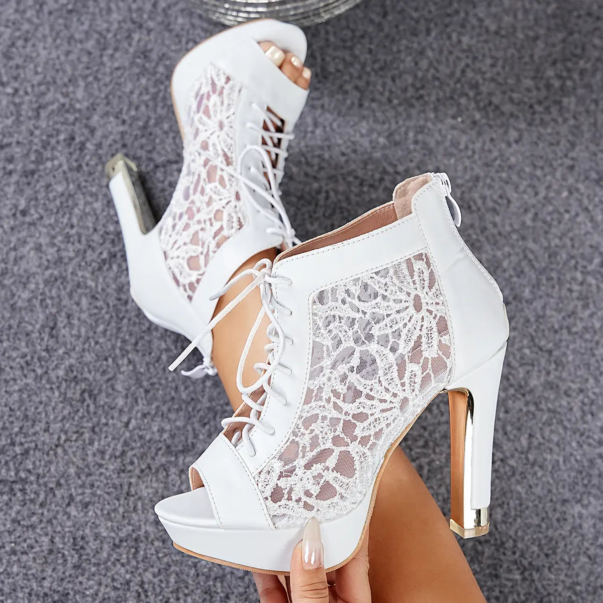 Floral Mesh Lace Up Peep Toe Platform Block Heel Booties