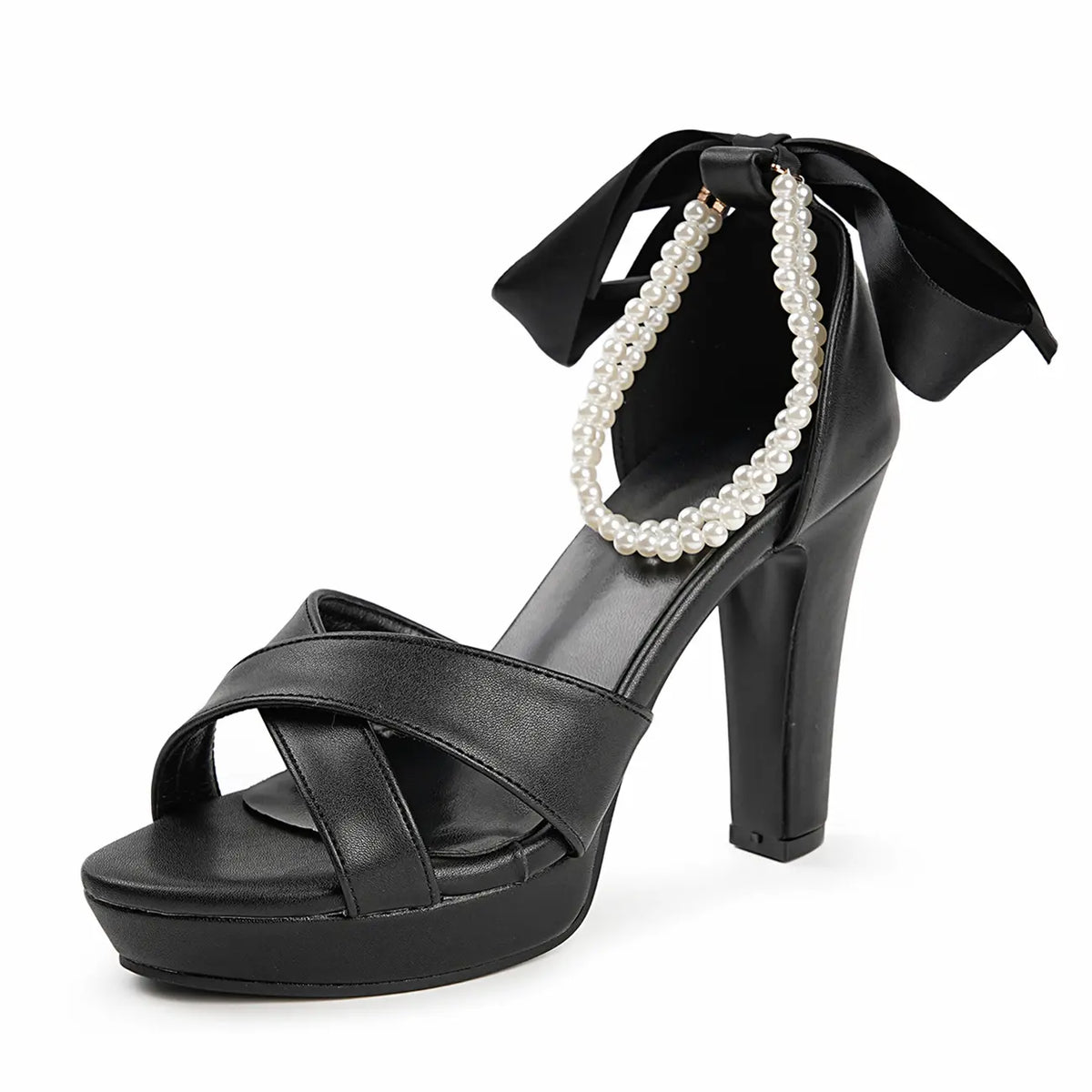 Pearl Ribbon Criss Cross Bridal Block Heel Sandals
