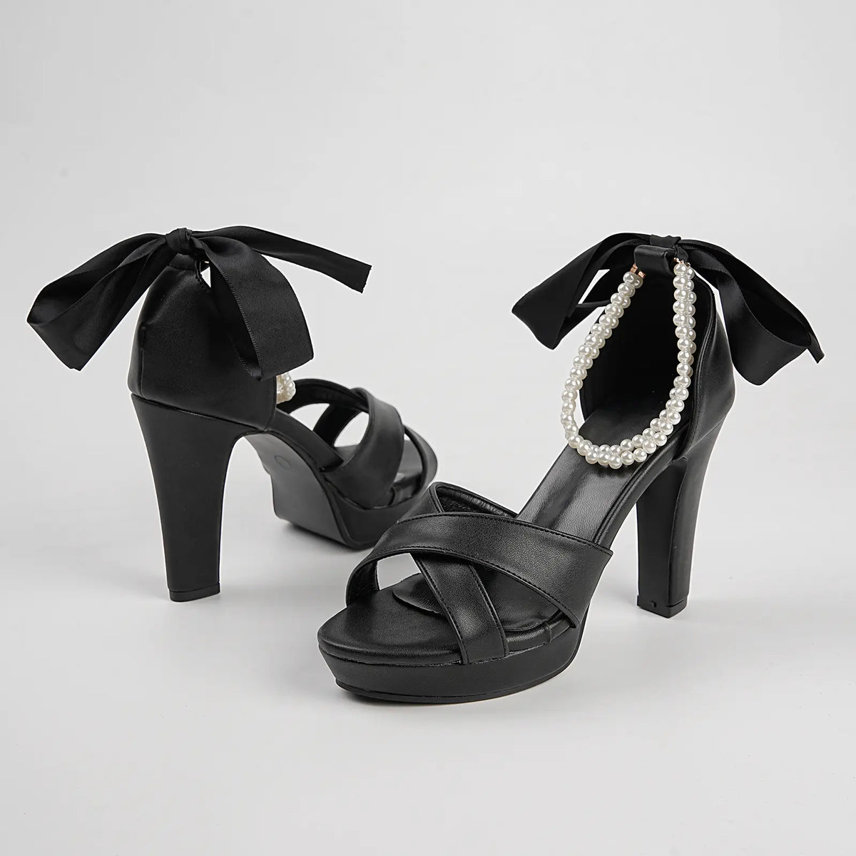 Pearl Ribbon Criss Cross Bridal Block Heel Sandals