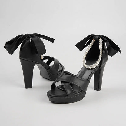 Pearl Ribbon Criss Cross Bridal Block Heel Sandals