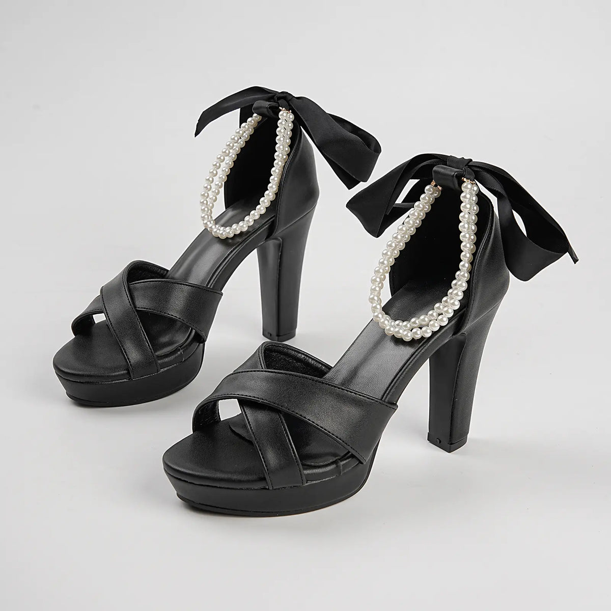 Pearl Ribbon Criss Cross Bridal Block Heel Sandals