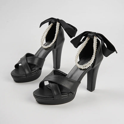 Pearl Ribbon Criss Cross Bridal Block Heel Sandals