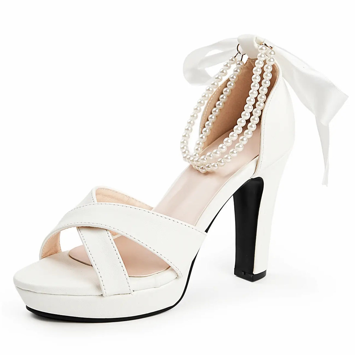 Pearl Ribbon Criss Cross Bridal Block Heel Sandals